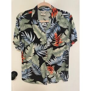 Hawaiian Shirt Go Barefoot Small‎ Black Tropical Floral Rayon Made in USA